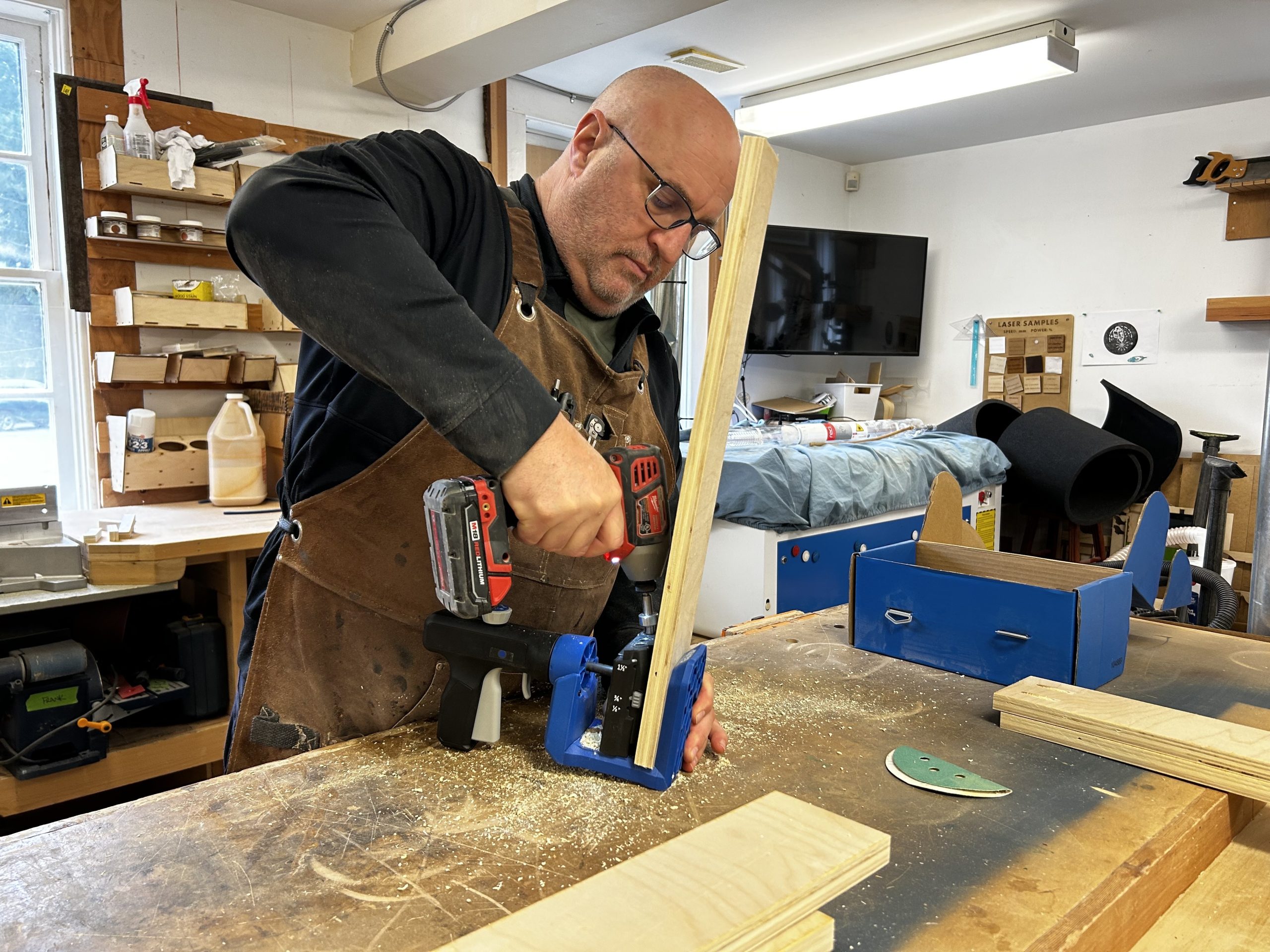 Ben Lister, works on a woodworking project at the HUB. The HUB is run by the Cowichan Station Area Association.