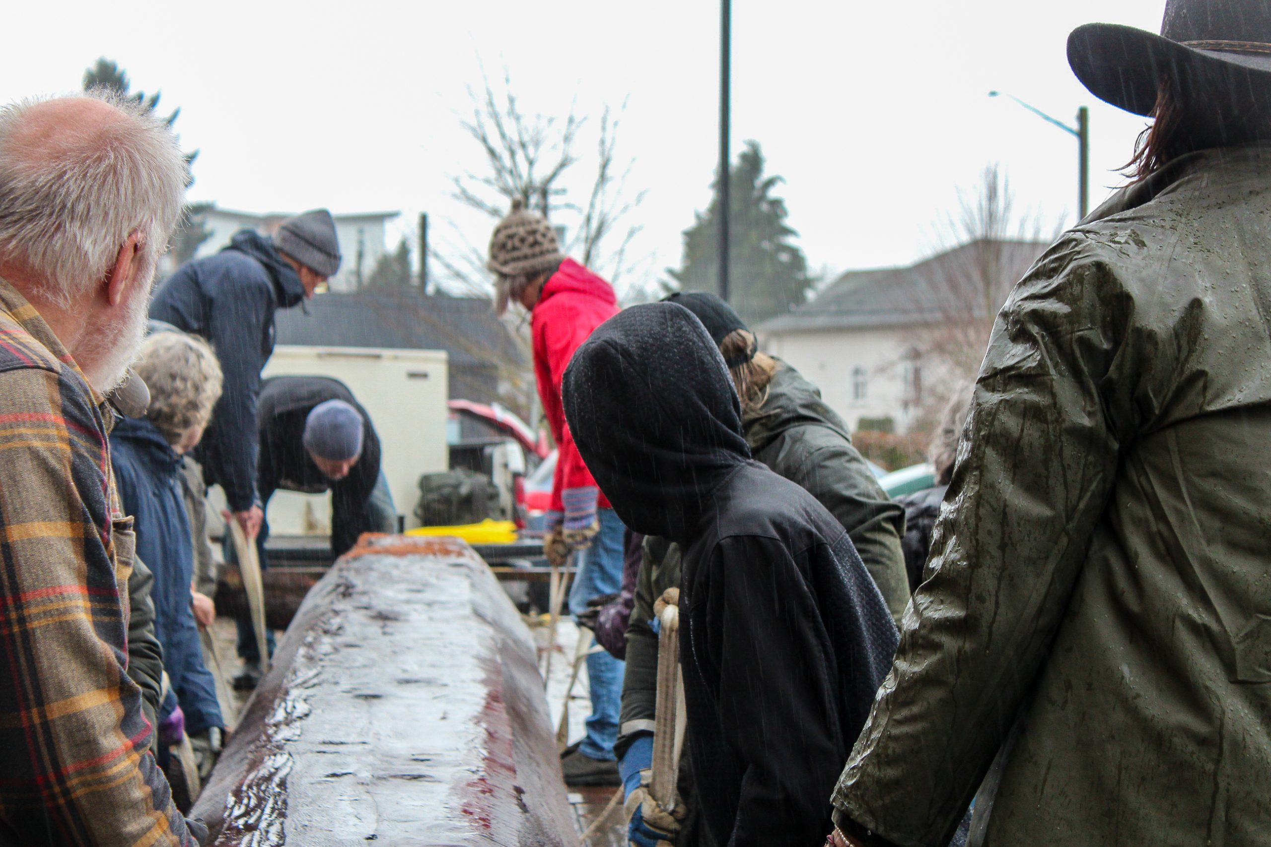 Voulenteers worked together to move the cedar log into the gallery.