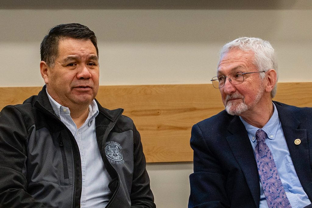 Snuneymuxw Chief Micheal Wyse and Nanaimo Mayor Leonard Krog announced a proposed change to the city’s boundary that will allow people living on Snuneymuxw reserves the right to vote in city council elections. Photo courtesy of the City of Nanaimo.