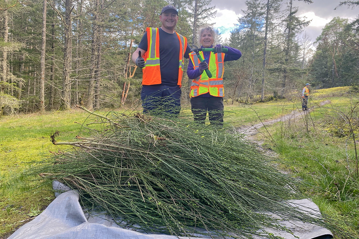 Hunter Jarratt (left) and Julie Devereux help remove invasive Scotch broom from Lotus Pinatus Park in Nanaimo on April 2, 2026. Photo by Mick Sweetman / The Discourse.