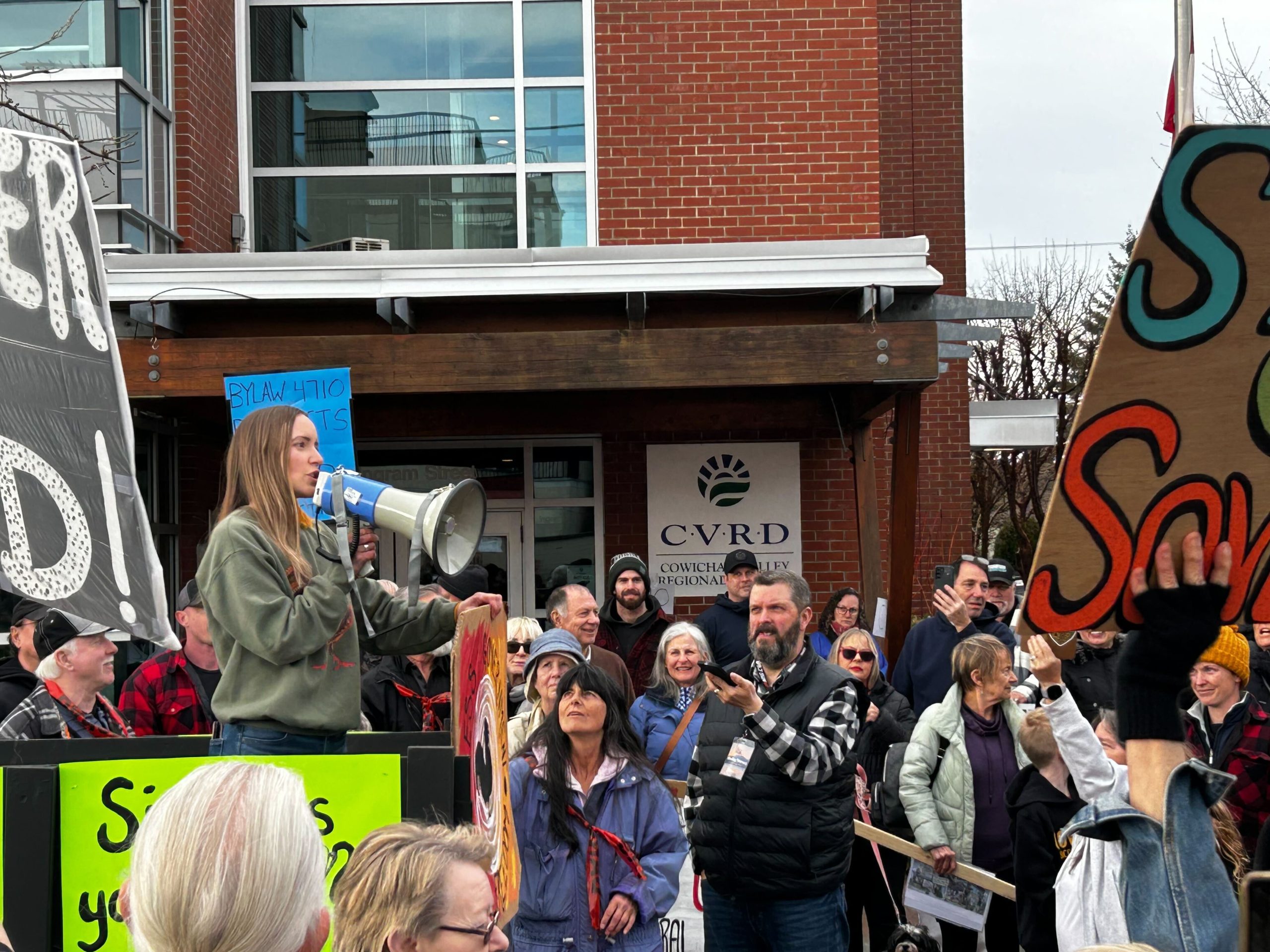 A group of residents gathered out the CVRD to protest it's new zoning bylaw.