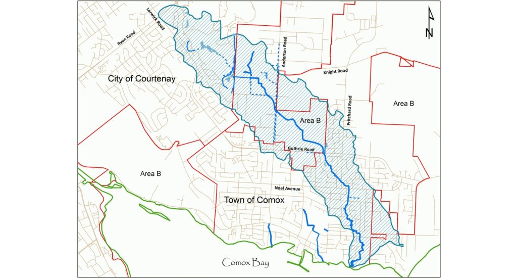 A map highlighting the Brooklyn Creek watershed in the Comox Valley