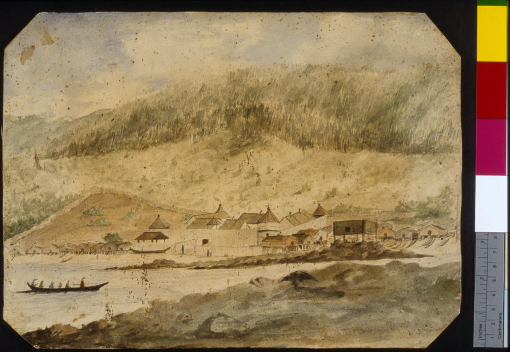 An archival image of a painting of Fort Simpson