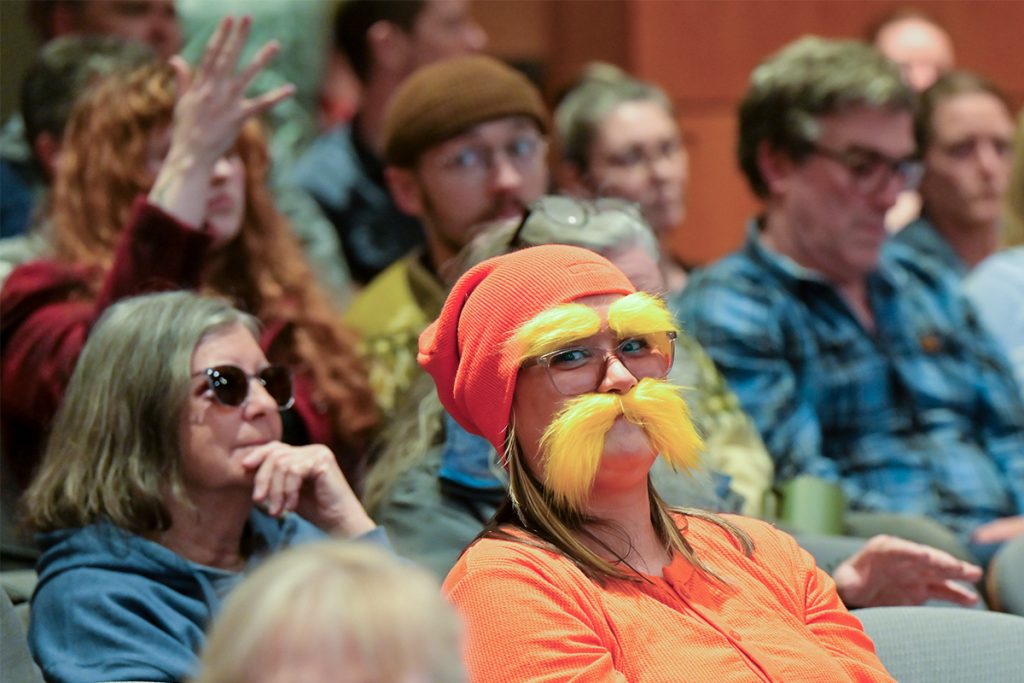 Molly Blais, dressed as Dr. Seuss' character The Lorax, was one of hundreds of people who packed the public hearing for a rezoning proposal for a property owned by Nanaimo Forest Products adjacent to the popular Cable Bay Trail.