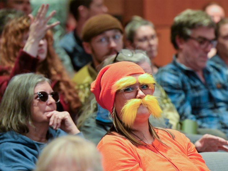 Molly Blais, dressed as Dr. Seuss' character The Lorax, was one of hundreds of people who packed the public hearing for a rezoning proposal for a property owned by Nanaimo Forest Products adjacent to the popular Cable Bay Trail.