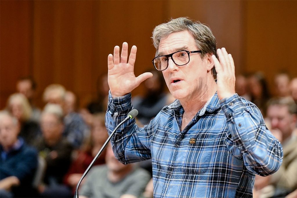 Cedar resident Jeff Wagner gives an impassioned presentation against the proposed rezoning at the public hearing on April 16, 2026. Photo by Mick Sweetman / The Discourse.