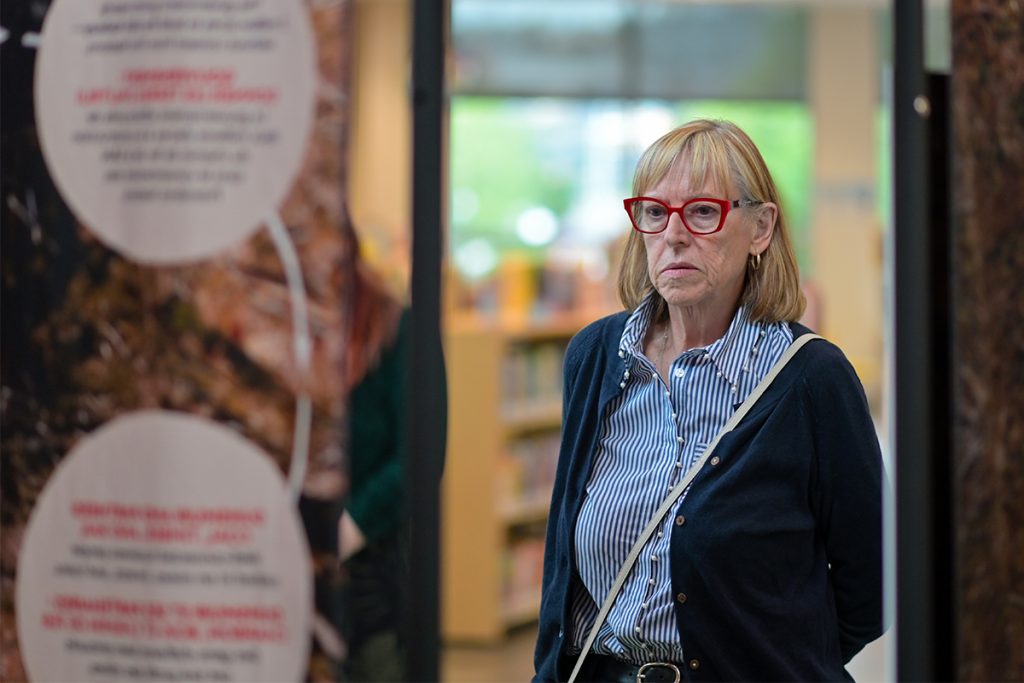 A library patron views The Great Vancouver Island Land Grab exhibit at the Nanaimo Harbourfront library on June 4, 2026.