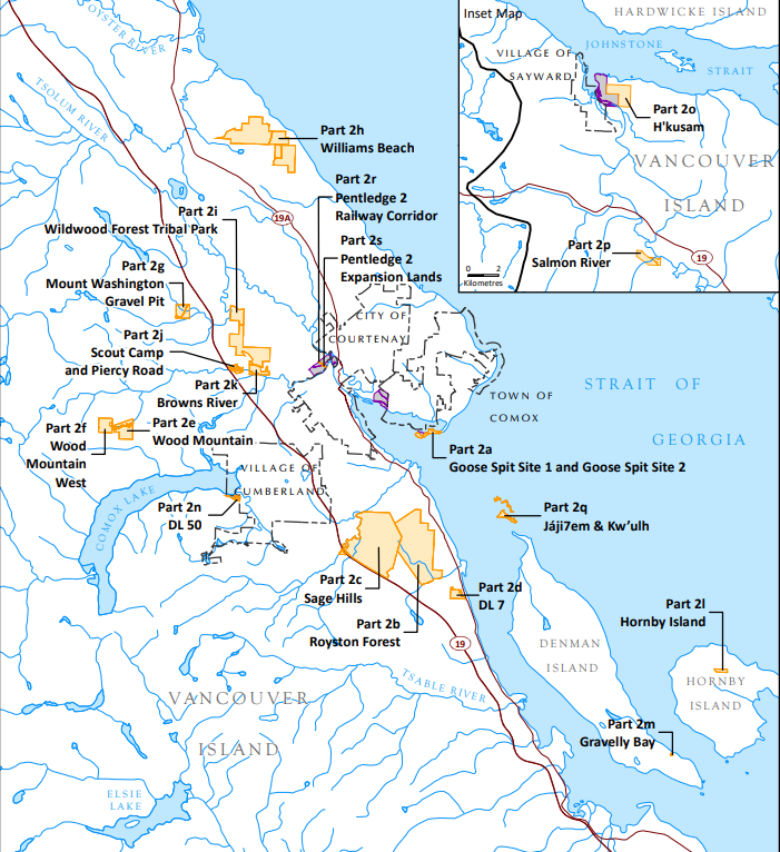 A map showing various parcels included in the Kómoks First Nation Treaty Act. The map shows locations throughout the Comox Valley and includes an inset map showing some parcels near Sayward.