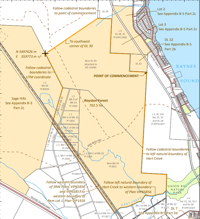 A map showing a portion of the Southlands, near Royston and Baynes Sound.