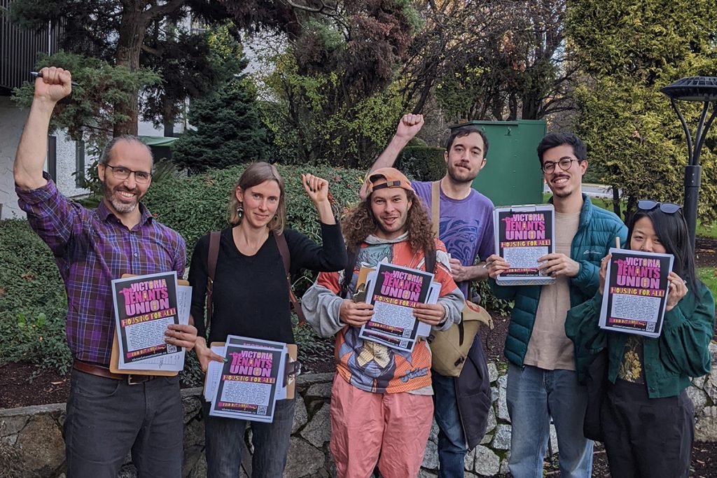 Harland Bird, far left, a spokesperson for the Victoria Tenants Union, said the recommendations for a tenant relocation assistance bylaw in Nanaimo needs to include the right for tenants to rent apartments in redeveloped buildings at the same rent. Photo courtesy of the Victoria Tenants Union.
