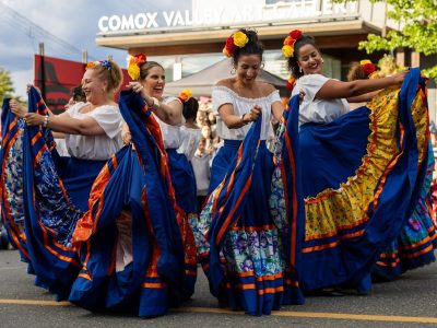 Cumbia dancers from the Raíces Mestizas Collective perform at the Pulse on the Plaza: K'omoks Fusion Festival in downtown Courtenay on June 24, 2026. Photo courtesy of Greg Rosenke.