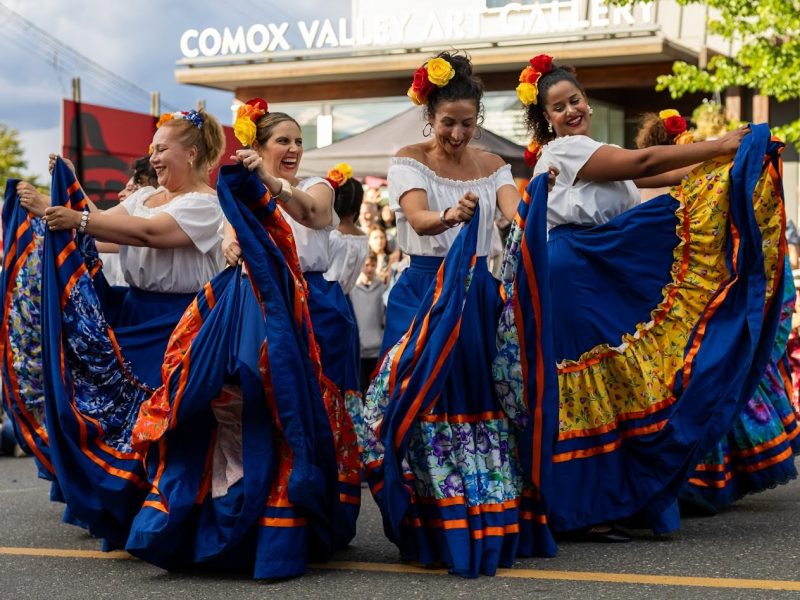 Cumbia dancers from the Raíces Mestizas Collective perform at the Pulse on the Plaza: K'omoks Fusion Festival in downtown Courtenay on June 24, 2026. Photo courtesy of Greg Rosenke.