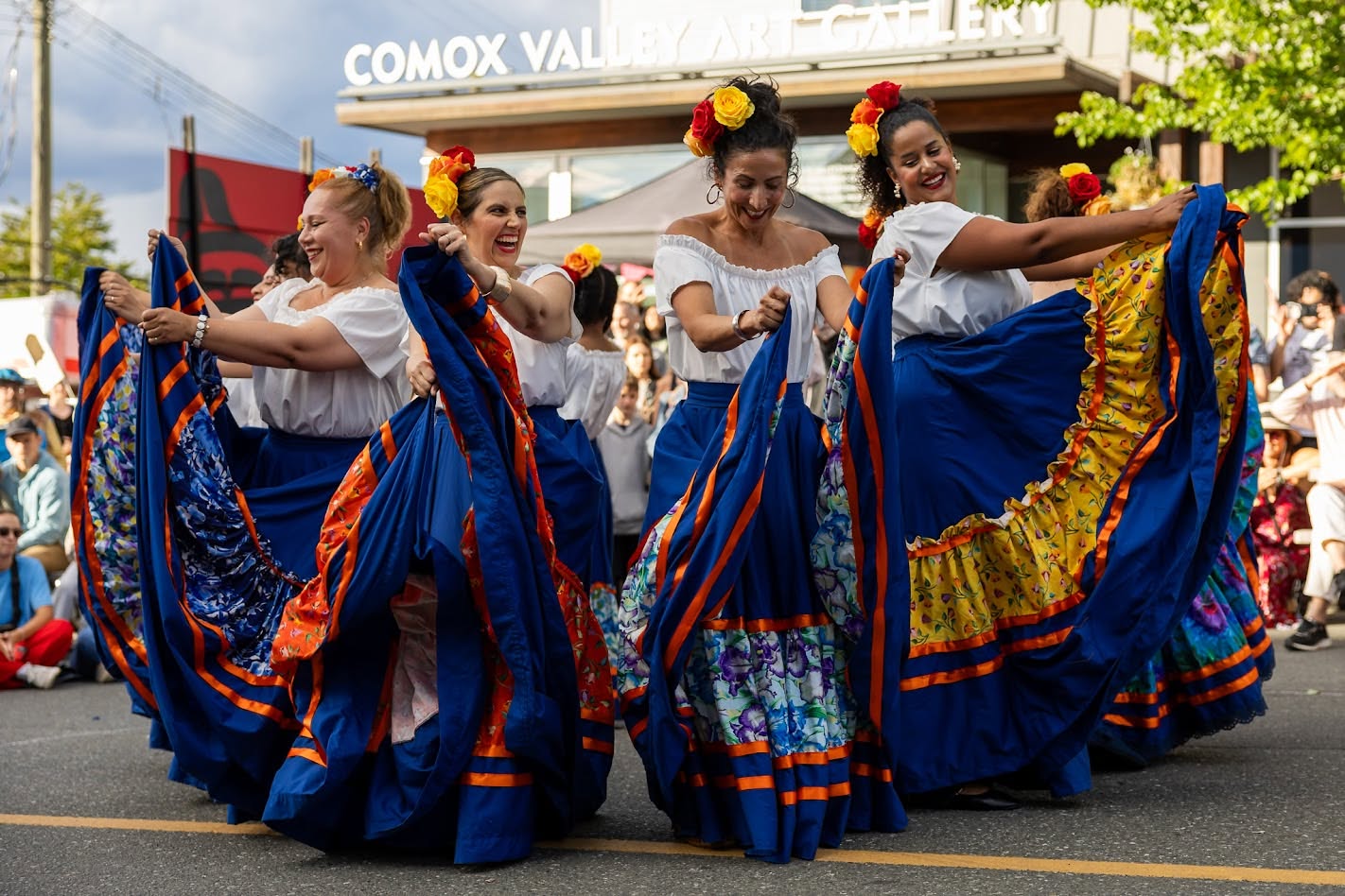 Cumbia dancers from the Raíces Mestizas Collective perform at the Pulse on the Plaza: K'omoks Fusion Festival in downtown Courtenay on June 24, 2026. Photo courtesy of Greg Rosenke.