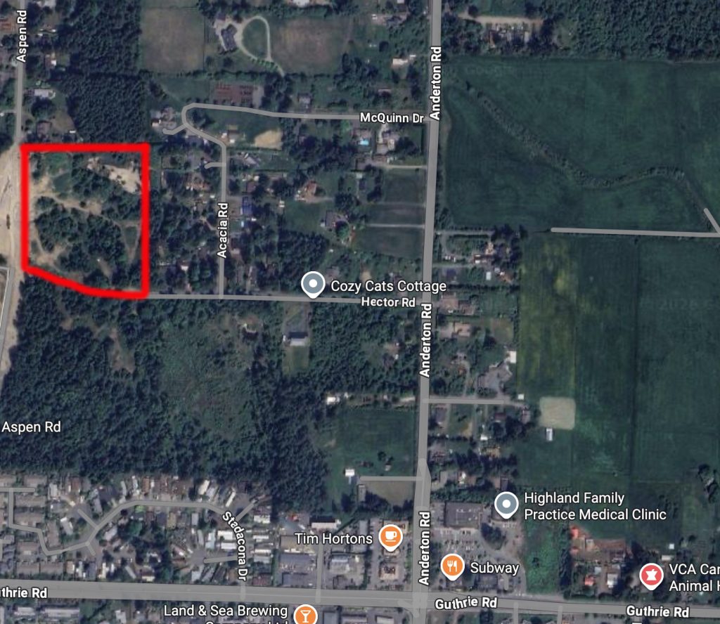 Construction in the area of the Aspen East development (shown in red) is currently blocking pedestrian access for residents of the Comox Valley Regional District on Acacia and Hector Roads and McQuinn Drive who previously used an informal path through private property to reach Aspen Road. Anderton Road was suggested as a possible detour by the developer but residents say it is unsafe to walk. Image from Google Maps.