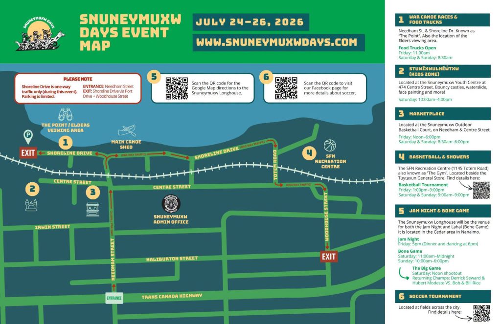 A map shows various locations for Snuneymuxw Days events, to be held on Friday, July 24 to Sunday, July 26. Map courtesy of Snuneymuxw First Nation.

