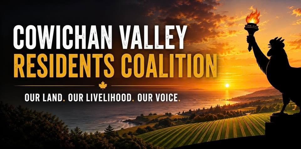 A screenshot of an image that says Cowichan Valley Residents Coalition. Our land. Our livelihood. Our voice. It's an image of a rooster silhouette holding a torch on the right with fields and ocean in the background and a sunset