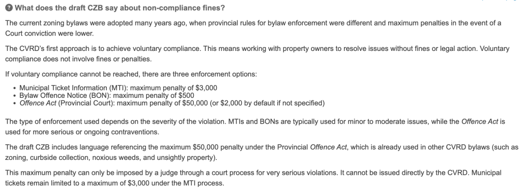 A screenshot from an FAQ page answering questions about the comprehensive zoning bylaw, specifically about non-compliance fines.