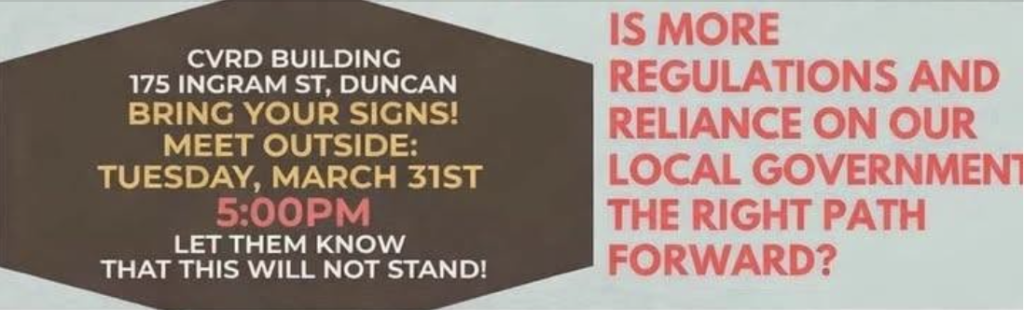 A screenshot that says Is more regulations and reliance on our local government the right path forward? With time and date for a gathering asking people to bring signs and "let them know this will not stand"