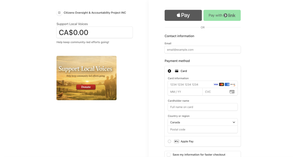 A screenshot of a payment page that says donations go to Citizens Oversight Accountability Project INC