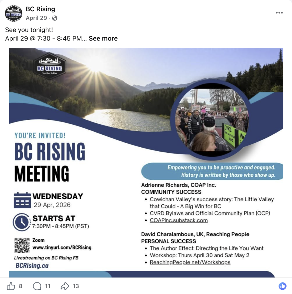 A screenshot of a BC Rising post advertising an event where Adrienne Richards spoke in April