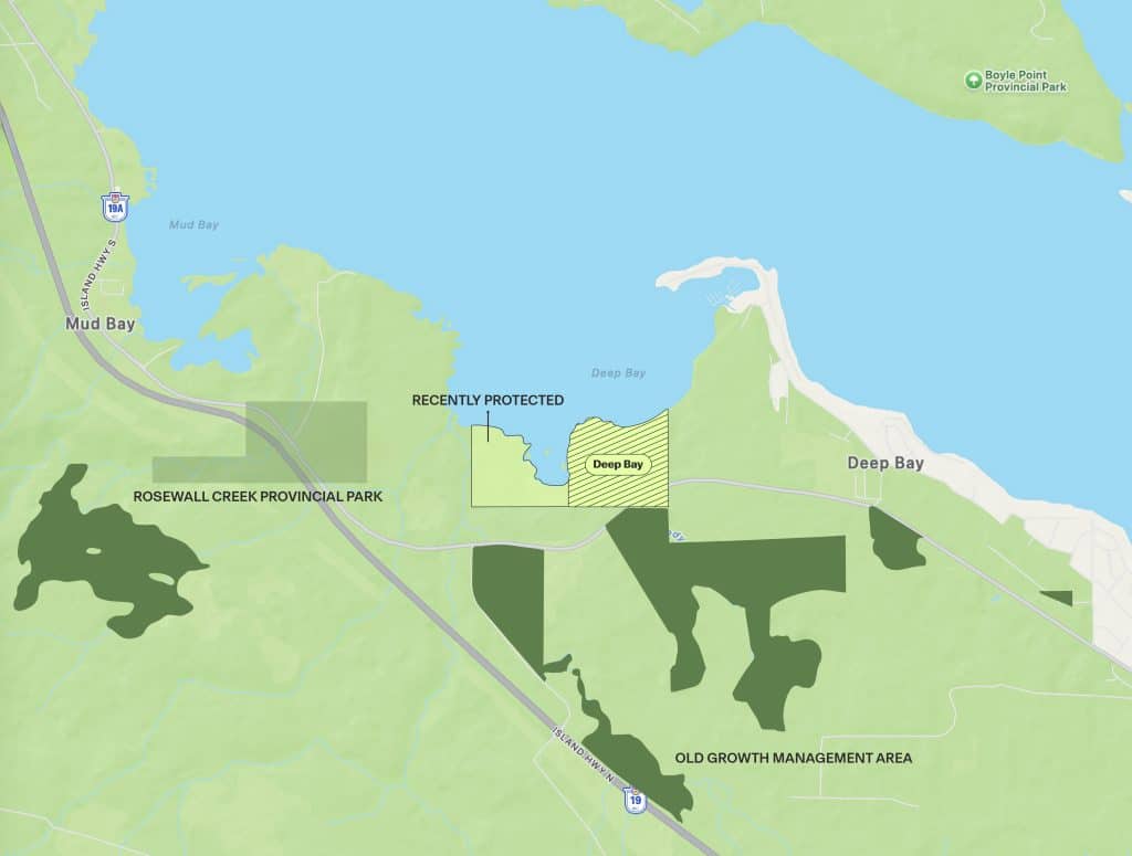 A map showing BC Park Foundation’s recent and upcoming Deep Bay property purchases.