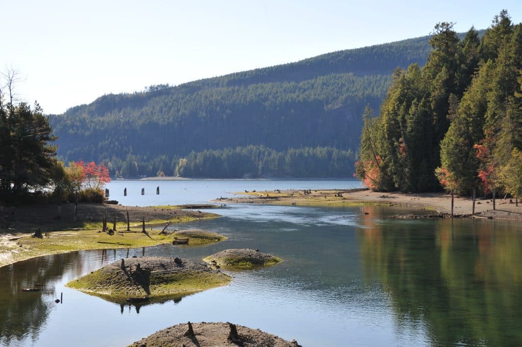An image of Comox Lake surrounded by forest and mountain