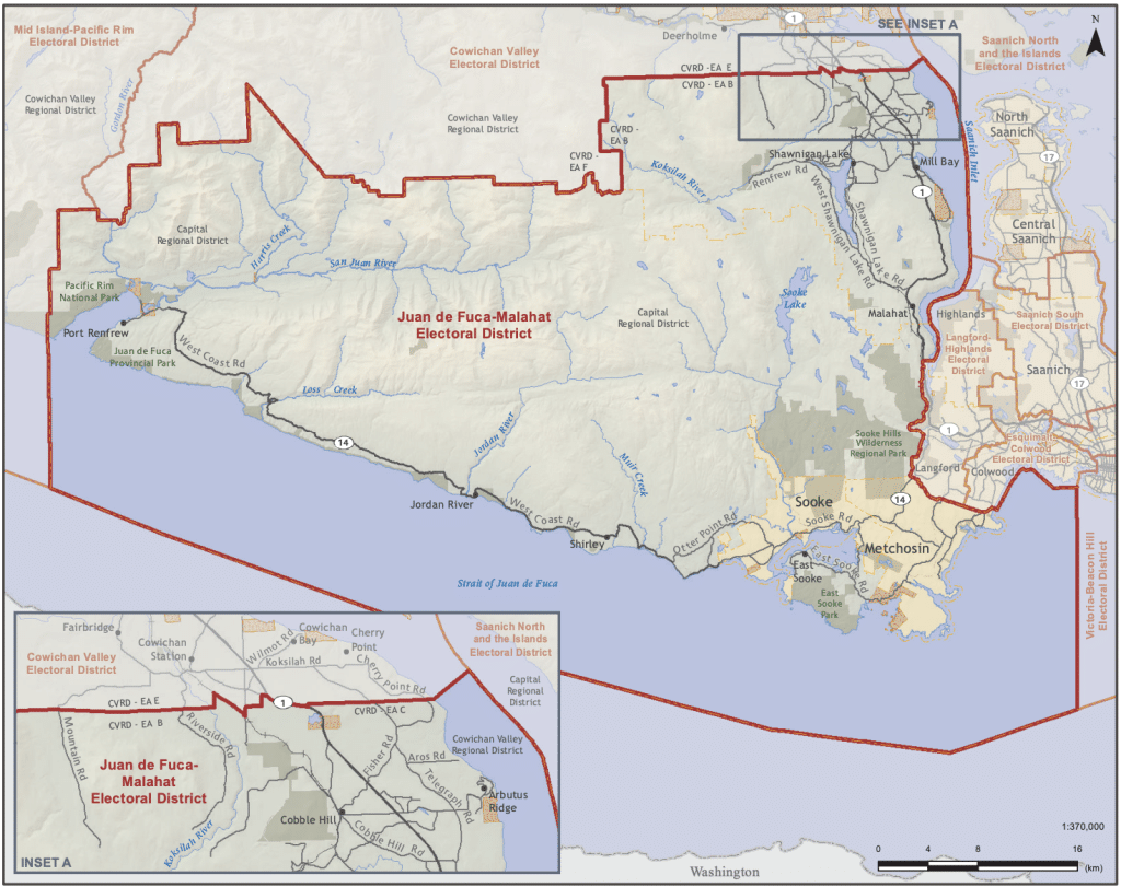 A map with the Juan de Fuca-Malahat riding for the B.C. election circled in red.