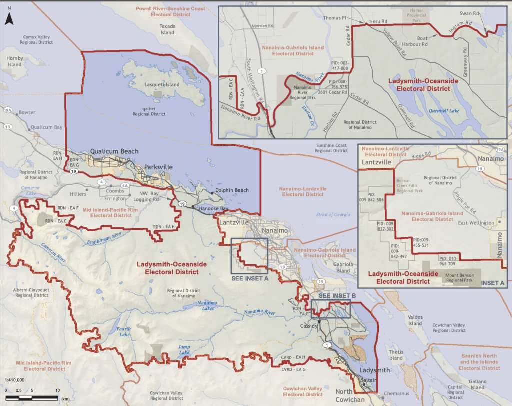 A map with the Ladysmith-Oceanside riding for the 2026 B.C. election circled in red.