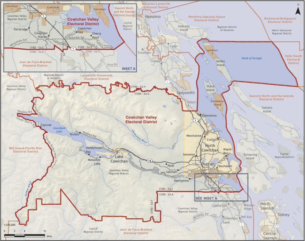 A map with the Cowichan Valley B.C. election map circled in a red border.