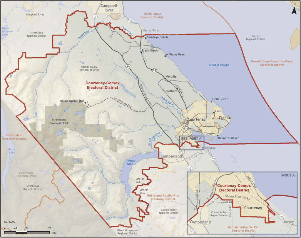 A map showing the Courtenay-Comox riding for the 2026 B.C. Election circled in a red border.