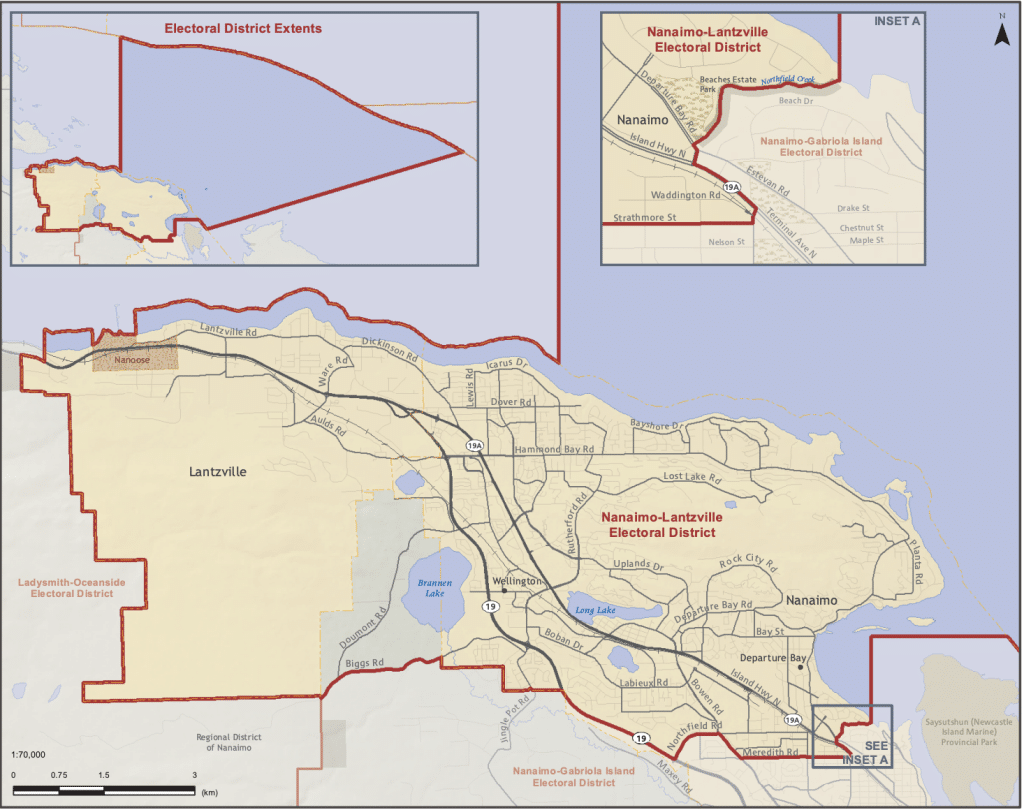 A map with the Nanaim-Lantzville riding circled in red.
