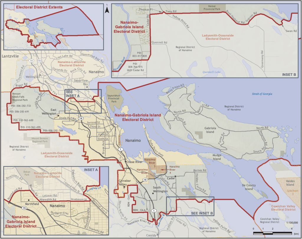 A map with the Nanaimo-Gabriola Island riding circled with a red border.